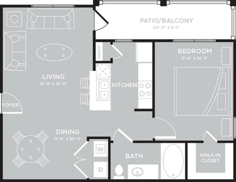 Floor plan for 1 bed, 1 bath, 726 sqft